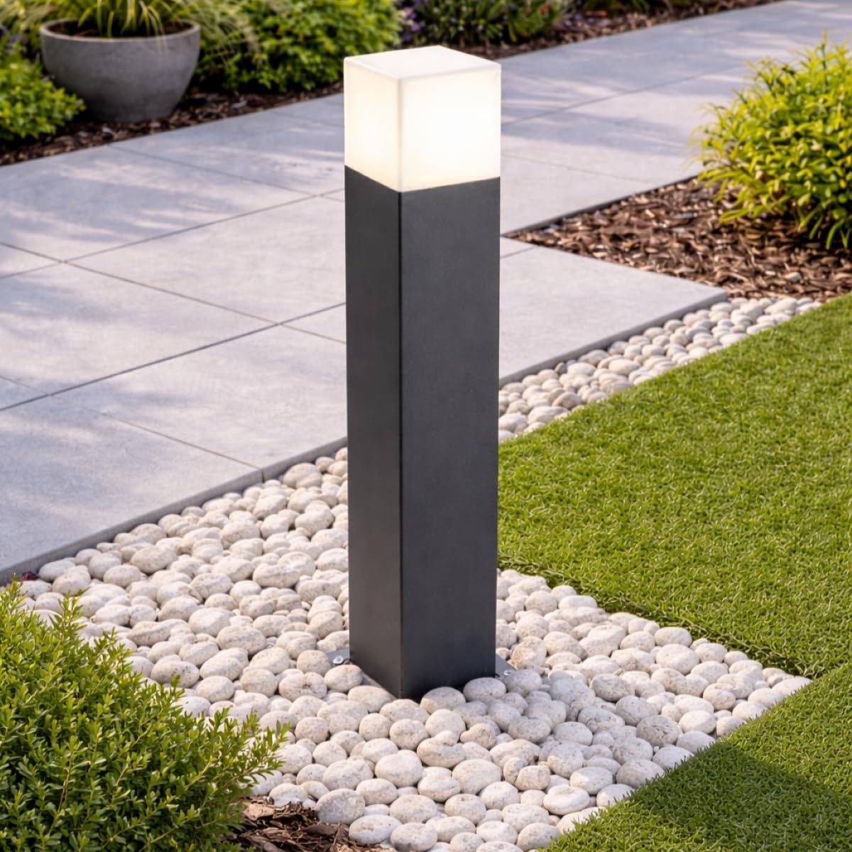 CGC Lighting Dark Grey Square Cube Post Bollard Outdoor Outside Light Pathway Driveway Garden Entrance Monochrome Modern (Medium Post Light)