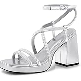CELLENZ Women Chunky Platform Heels: 3.9 Inch High Heel Prom, Wedding, Party, Square Open Toe Heel Sandals, Strappy Comfortable Sexy Dressy Heels
