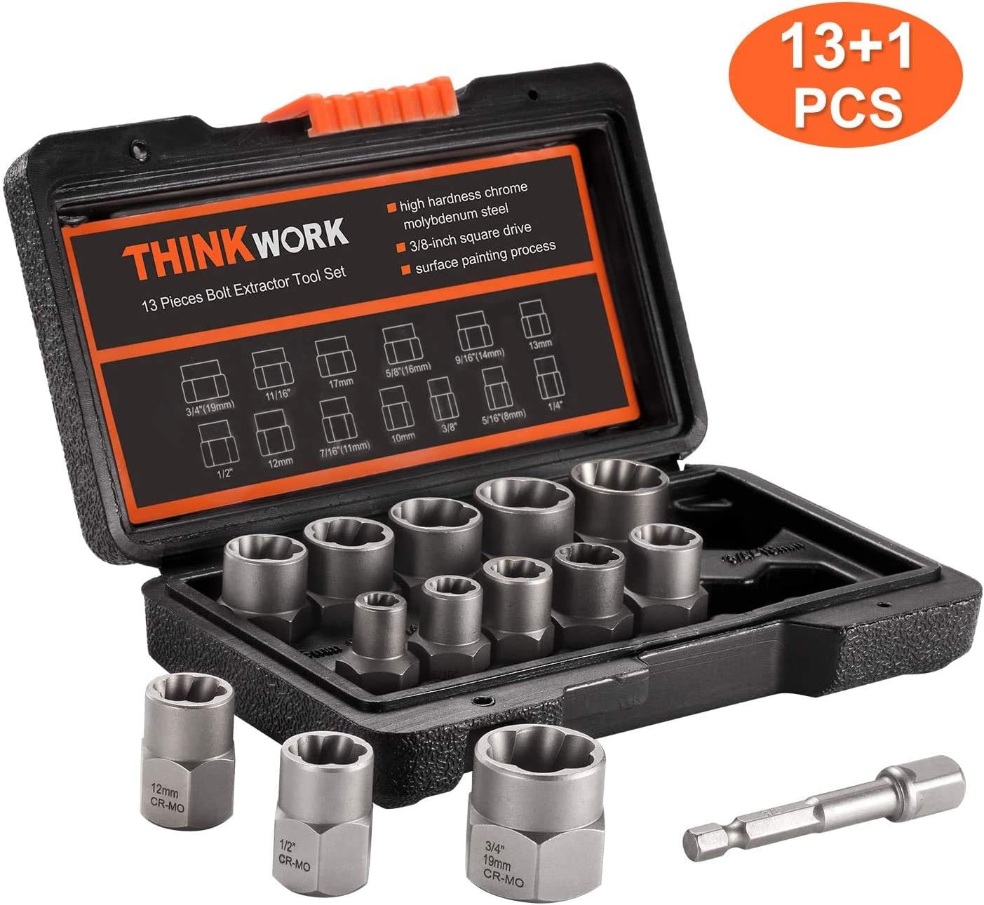 Thinkwork Impact Bolt Extractor Set, 13+1 Pieces Nut Removal Tool