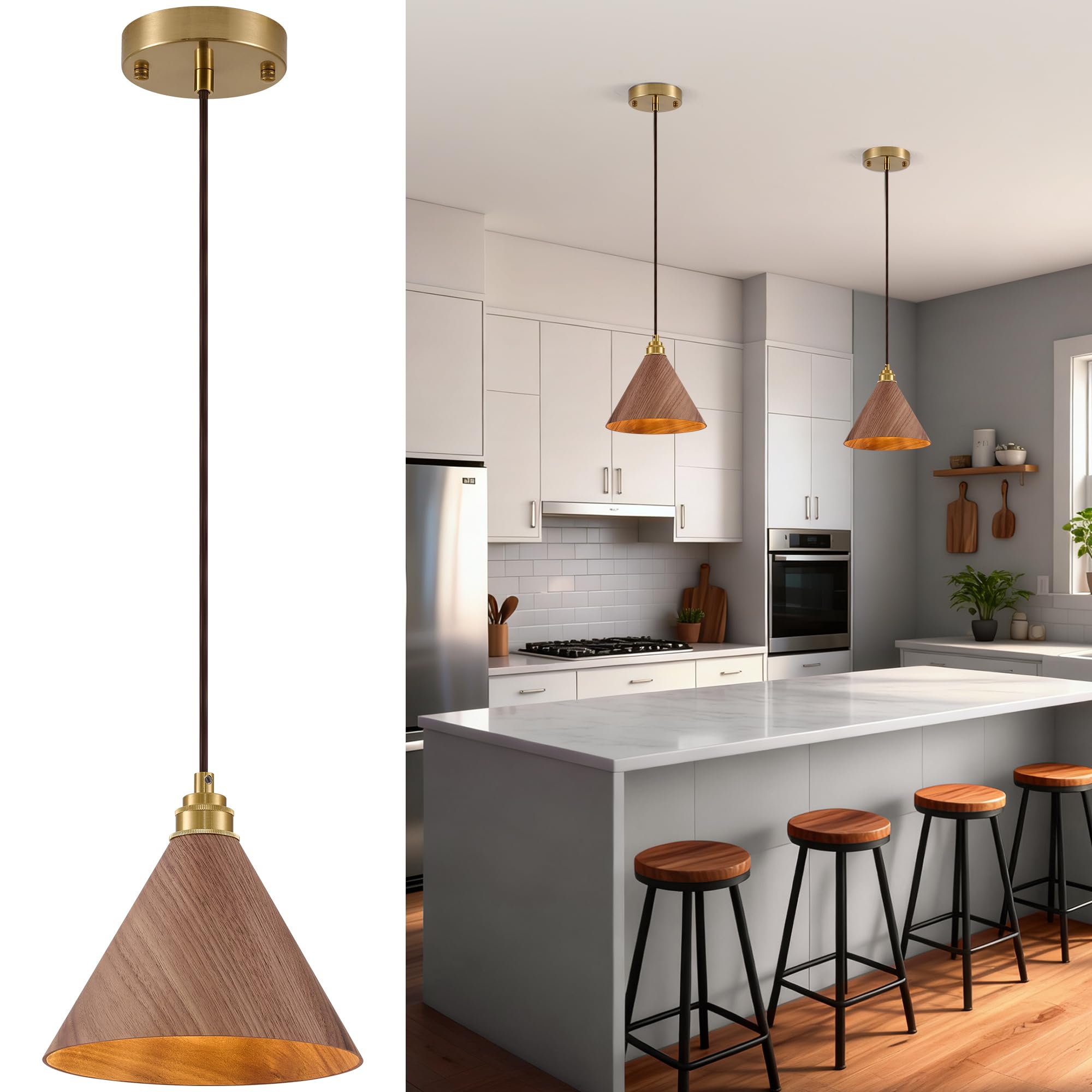 Photo 1 of Ecoillumix 2 Pack Pendant Lights Kitchen Island, 8.3” Modern Pendant Light, Adjustable Height Wood Hanging Light, Kitchen Island Light fixtures for Dining Room, Bedroom, Hallway, Bar (Walnut)