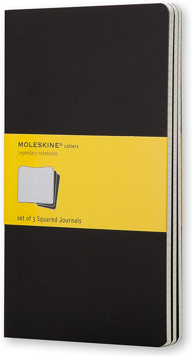 Moleskine Cahier Journal, Soft Cover, Large (5" x 8.25") Squared/Grid, Black, 80 Pages (Set of 3)