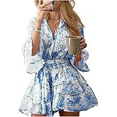 SOLY HUX Women's Floral Ruffle Mini Dress V Neck 3/4 Sleeve Flowy Boho Vacation Dresses