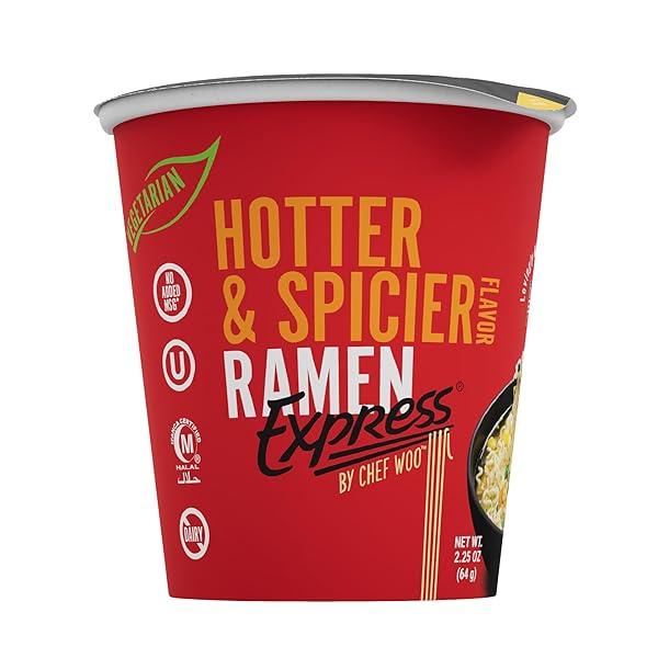RAMEN EXPRESS HOTTER AND SPICIER FLAVOR RAMEN CUP NOODLE, 2.25 OZ EACH (PACK OF 12) | ANIMAL-FREE RAMEN NOODLES | ALL PLANT-BASED | MADE IN U.S. WITH FINEST AMERICAN FLOUR