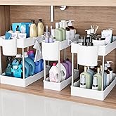 JYSMYWS 3 Pack Under Sink Organizer Bathroom and Storage Cabinet (White) | 2 Tier with Hanging Cups for Kitchen