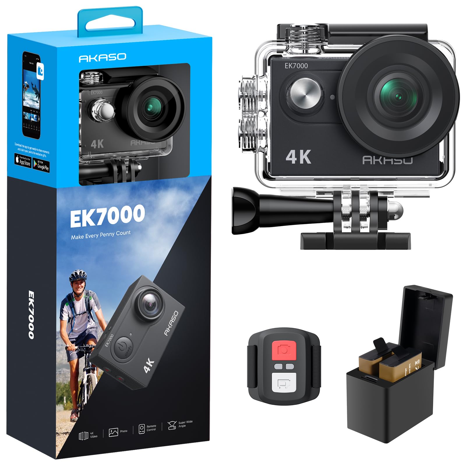 AKASO EK7000 4K30FPS Action Camera - 20MP Ultra HD Underwater Camera 170 Degree Wide Angle Waterproof Camera with Accessory Kit