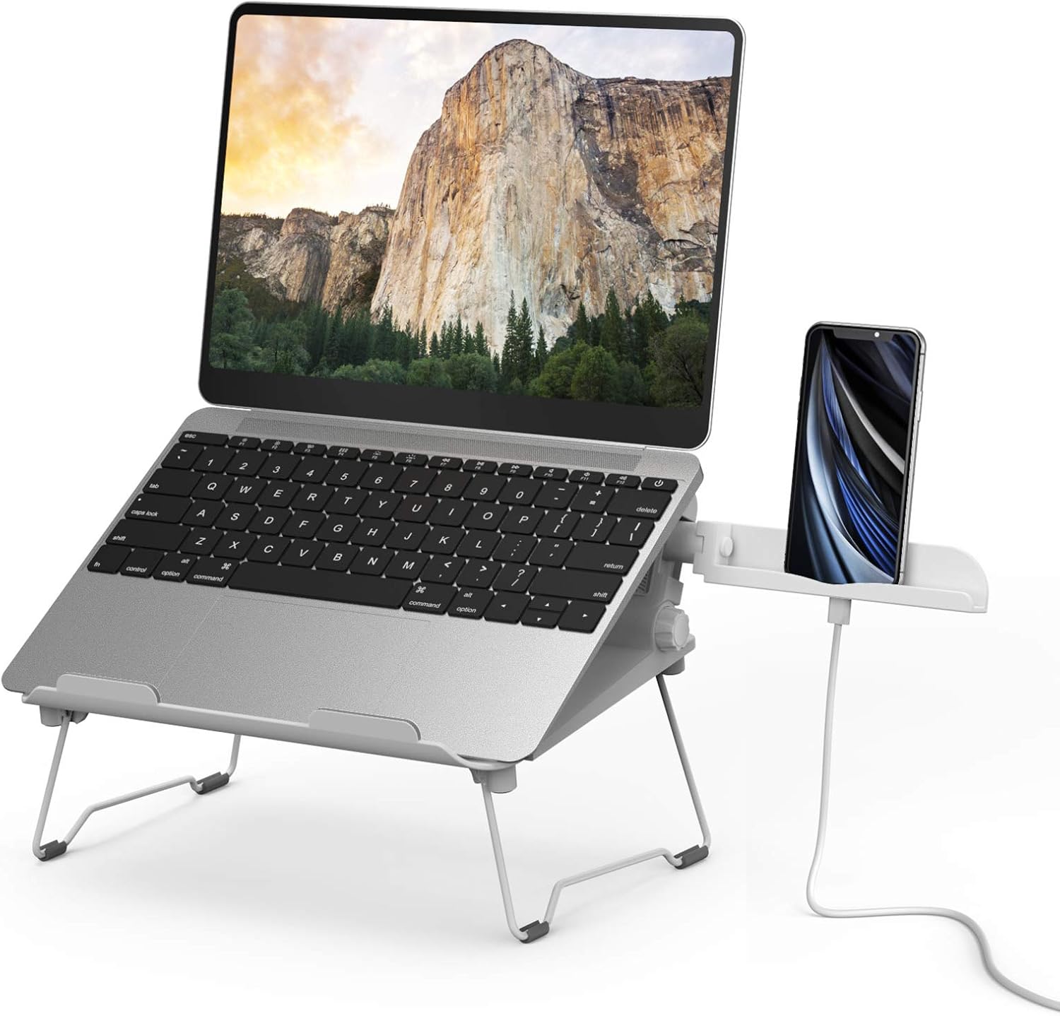 2 in 1 Laptop Notebook Stand with Phone Stand Elekin Adjustable Portable MacBook Stand Foldable Notebook Holder Ergonomic Laptop Riser for MacBook, Air, Pro, Surface Laptop, Ipad, Books to 17”,White