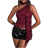 MakeMeChic Women's Floral Lace One Shoulder Tank Top Ruched Sleeveless Y2k Tops with Scarf