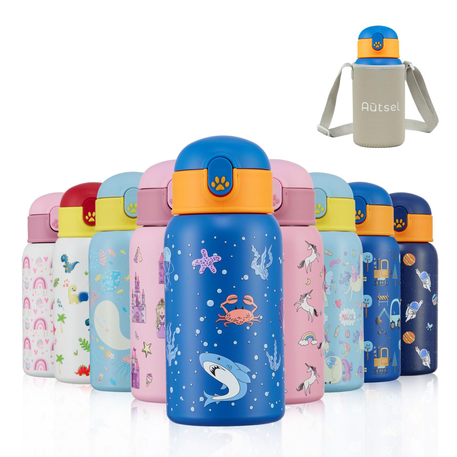Autsel Kids Water Bottles with Straw 500ml, Childrens Insulated Water Bottle Stainless Steel BPA-Free, Kids Metal Water Bottle for Girls/Boys, Keep Hot/Cold