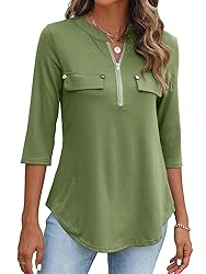 Halife Womens Tops 3/4 Sleeve Zip Up Business