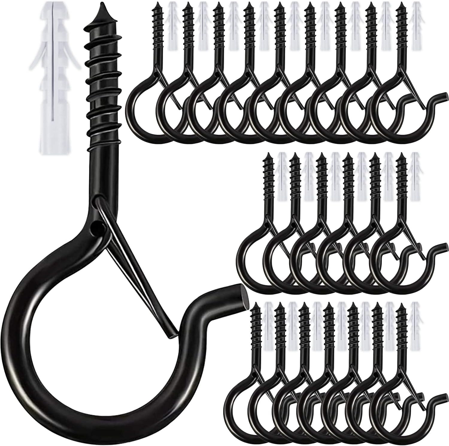 Outdoor Hanging Brackets - Etoolia 24 Pcs Q Hanger Hooks with Safety Buckle, Ceiling Hooks for Hanging Plants, Screw Hooks for Hanging Outdoor String Lights, Wind Chimes, Patio Lights & Party Decors, 2.2 Inches, Black