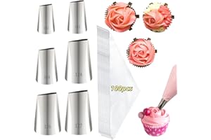 LLMSIX Piping Bags and Tips Set, 8pcs Petal Piping Tip, 100pcs Icing Bags, 3 Cake Scrapers, 2 Pastry Bag Ties, Rose Icing Tip