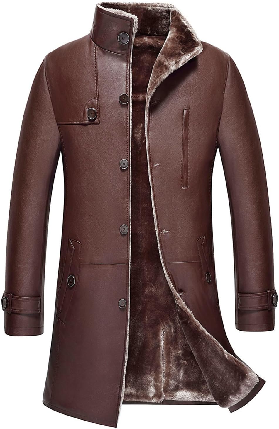 Men's Classic Winter Thick Warm Faux Fur Lambskin Leather Windproof Outdoor Jacket Parka Long Trench Coats Lamb Wool Lining
