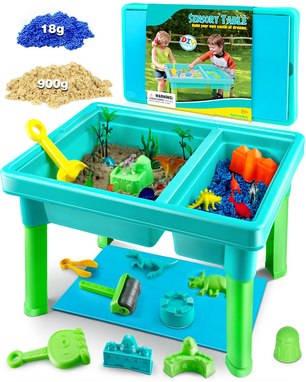 Uiopy Sandbox Kit Sand Table : Sand Playset Bin with Lid Toys Toddler Dinosaur/Ocean Molds Sets Enhance Creativity & Exploration Skills - Outdoor Indoor Sensory Activity Gift for Small Kid Ages 3-5