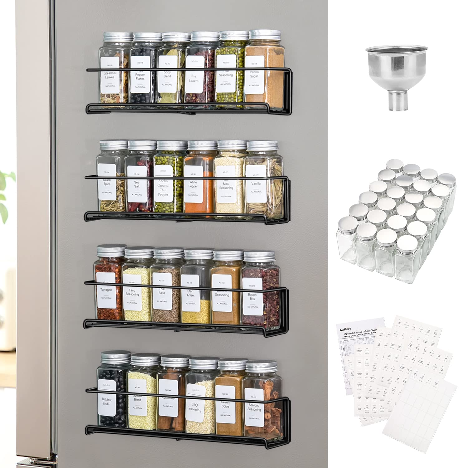 KitHero 4 Pack Magnetic Spice Rack for Refrigerator with 24 Spice Jars, 216 Spice Labels,1 Funnel-Full Set Spice Organizer, Space Saver Seasoning Organizer, Metal Kitchen Organization, Kitchen Gadgets