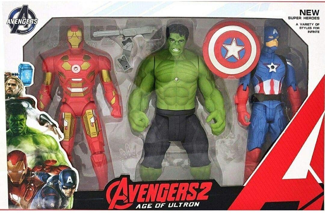 HK Toys 3 in 1 Avengers Set Action Figures with Led Light On Chest - Captain America, Iron Man, Hulk - Avengers Toys , Age of Ultron Superhero Toy - 20 cm Tall