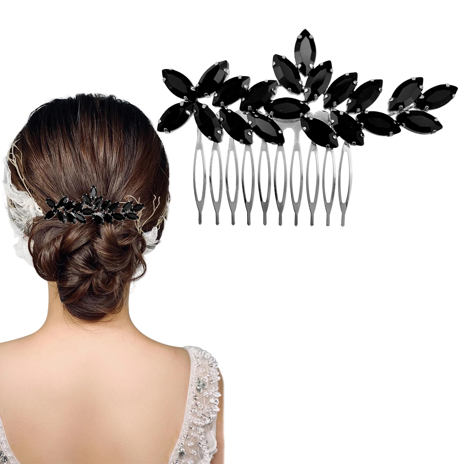 Wedding Bridal Black Crystal Hair Comb,Wedding Rhinestone Hair Side Comb Fashion Hair Clip Handmade Hair Accessories for Bride Wedding Prom Girl Headpieces