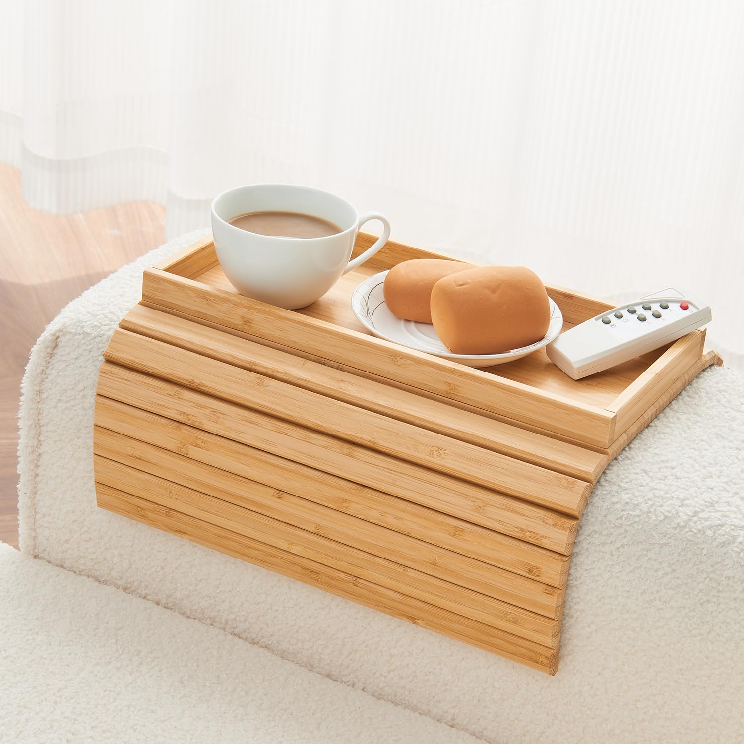 Photo 1 of LOVYANXUE Bamboo Sofa Arm Tray, Anti Falling Couch Arm Tray Table, Foldable Couch Armrest Table, Portable Sofa Armrest Trays Cup Holder for Drink, Cups, Phone, Snacks, Remote