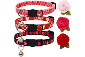 BARLEYGOO 3 Pack Love & Heart Cat Collar with Removable Flower and Bell Breakaway Adjustable Safety Collars with Print Love Heart Black Pink and Red