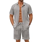 COOFANDY Mens Beach Outfits 2 Piece Sets Casual Short Sleeve Button Down Summer Textured Shirt