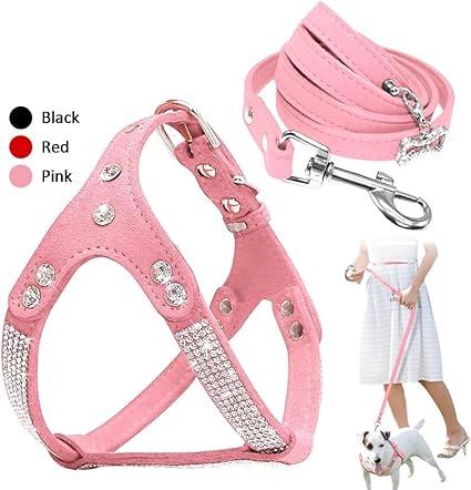 Berry Ensemble Harnais Et Laisse 12 M En Daim Et Strass Pour Chat Et Petit Chien Chihuahua Caniche Shih Tzu