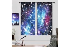 Riyidecor Galaxy Nebula Outer Space Curtains Kids Boys Universe Fantasy Starry Stars Planets Rod Pocket Mystic Zodiac Constellation Bedroom Living Room Treatment Fabric 2 Panels 42Wx63H Inch