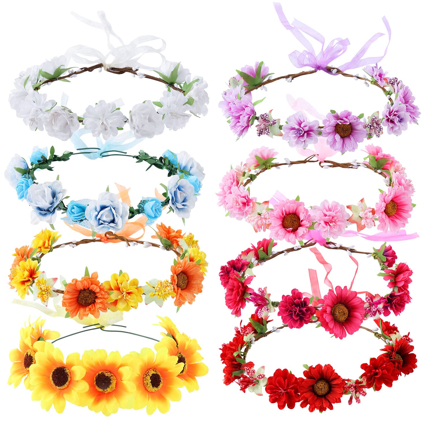 Cinaci 8 Pack Adjustable Sunflower Daisy Rose Flower Crowns Headband Wreath Floral Tiara Hairband Garland Wedding Party Hawaiian Boho Headpiece Accessories Bulk for Women Brides Bridemaids Girls Teens