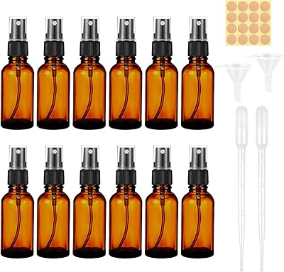Maxmoc 30ml Braunglas Sprühflasche, 12 Stück Klein Glas, Nachfüllbar Zerstäuber mit Trichte, Tropfer und Etiketten für Wasser, Alkohol, Kosmetik, Parfüm, Aromatherapie