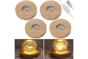 LACGO 4 PCS Round Wooden Light Bases - 4’’ LED Wood Display Lighted Stand with Warm White Round Base for 3D Crystal Glass Art Pedestals Resin Room Office Cafe Home Decor