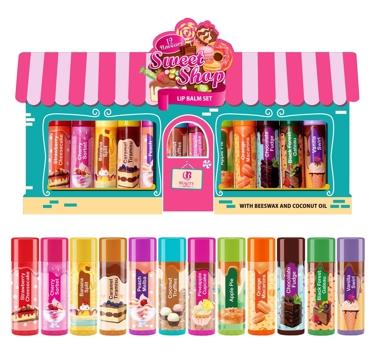 Beauty4Britain Kids Lip Balm Set Sweet Shop - 12 Different Dessert Flavours, Beeswax & Coconut Oil, Colourless, for Girls and Boys