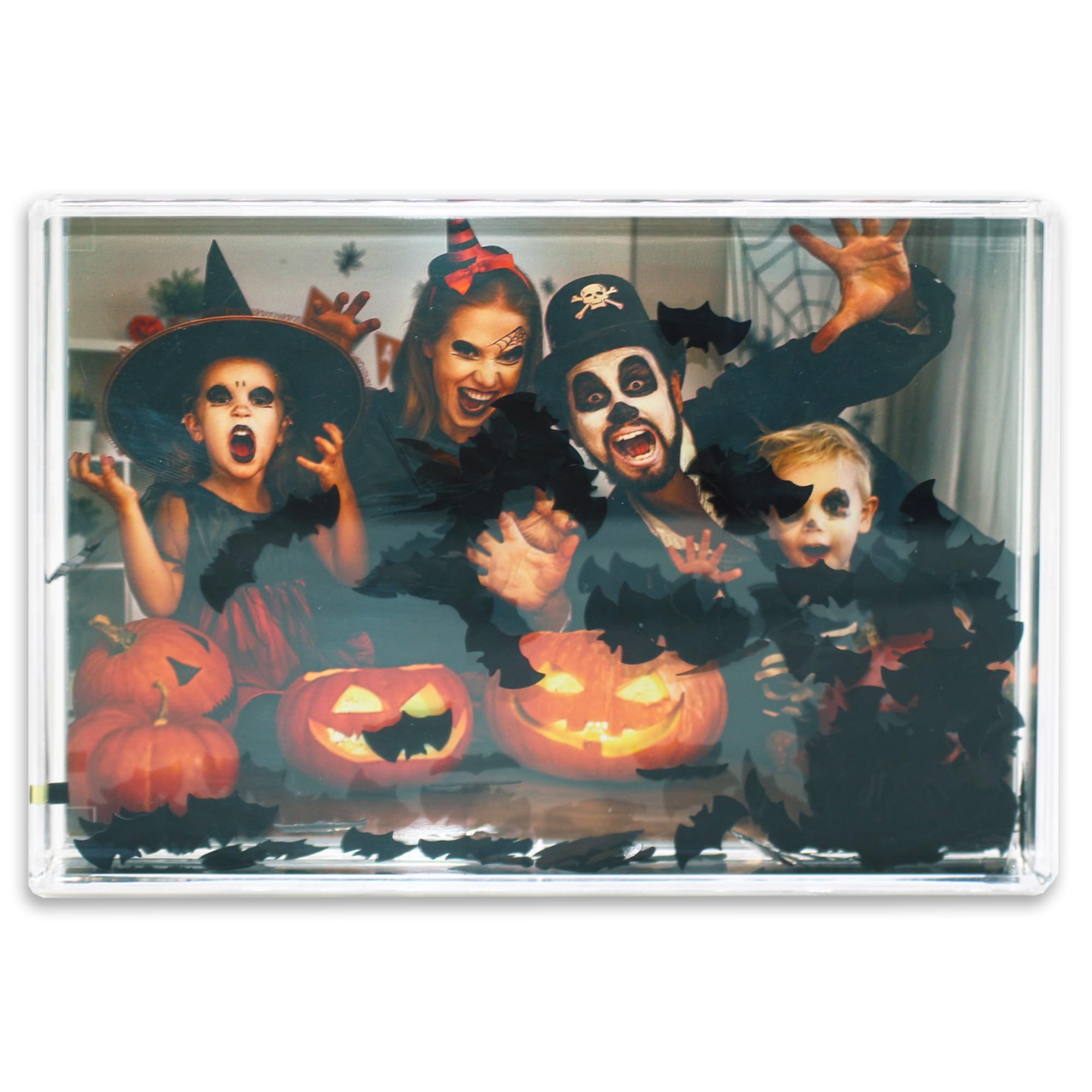 Halloween Glitter Photo Frame, Acrylic Picture Frame holds 10 x 15 cm (4 x 6 inch) Clear Frameless Desktop Photo Block with Bat (Black) - Ideal Personalised Gifts or Halloween Decorations