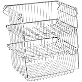 SANNO Stacking Baskets Bin Baskets Wire Storage Baskets Organization Farmhouse Scoop Baksket for Pantry, Kitchen, Closets, Bathroom, Cabinets, Kitchen, Set of 3