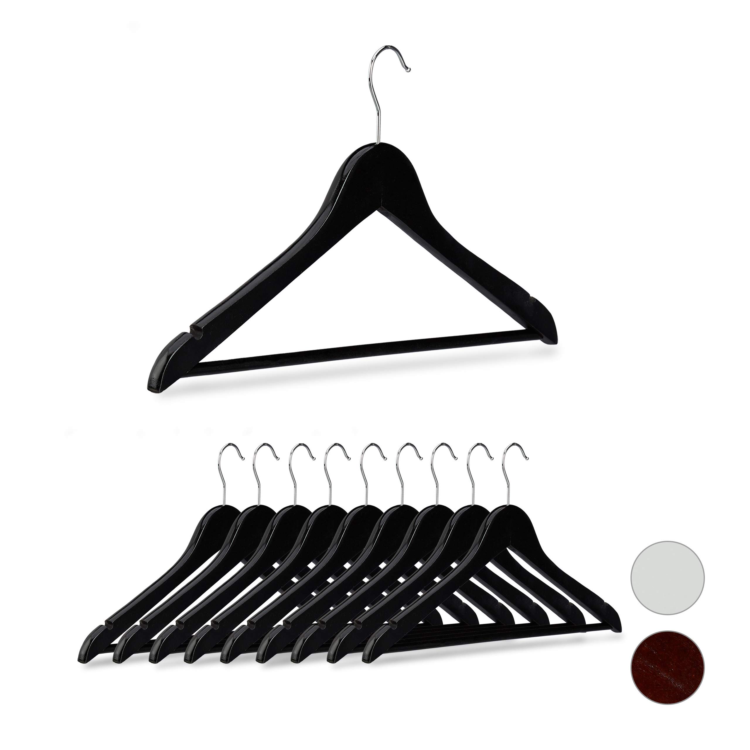 Relaxdays Wooden Coat Hangers Set of 10, Notches, Pants Rail, 360° Swivel Hooks, 44.5 cm Wide, Black