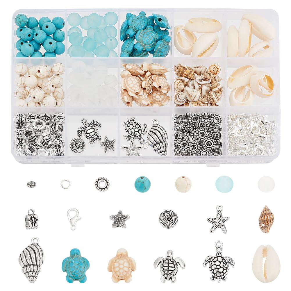 PH PandaHall 322pcs Beach Jewellery Making Kit Turquoise Turtle Beads Starfish Turtle Beads Shell Beads Charms Alloy Pendants for Christmas Necklace Earring Bracelet Anklet Jewellery Making — image 1
