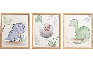 Reece Studio Nursery Wall Art Set Of 3, Dinosaur Baby Picture Frame Set, Dino Themed Nursery Décor For Baby Boy, Newborn Baby Photo Frame, Set of 3