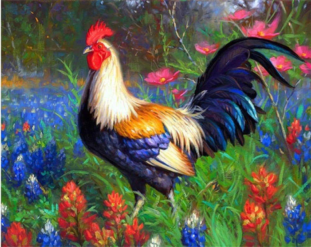 WOWDECOR Paint by Numbers Kits, Diy Oil Painting - Blue Rooster Beautiful Lilac Flowers Garden 16x20 inch (Frameless)