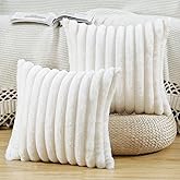 MADIZZ Set of 2 Faux Wool Plush Decorative Throw Pillow Covers 18x18 Inch Cream Fluffy Striped Soft Decorative Cushion Cover for Sofa Bedroom Pillow Shell