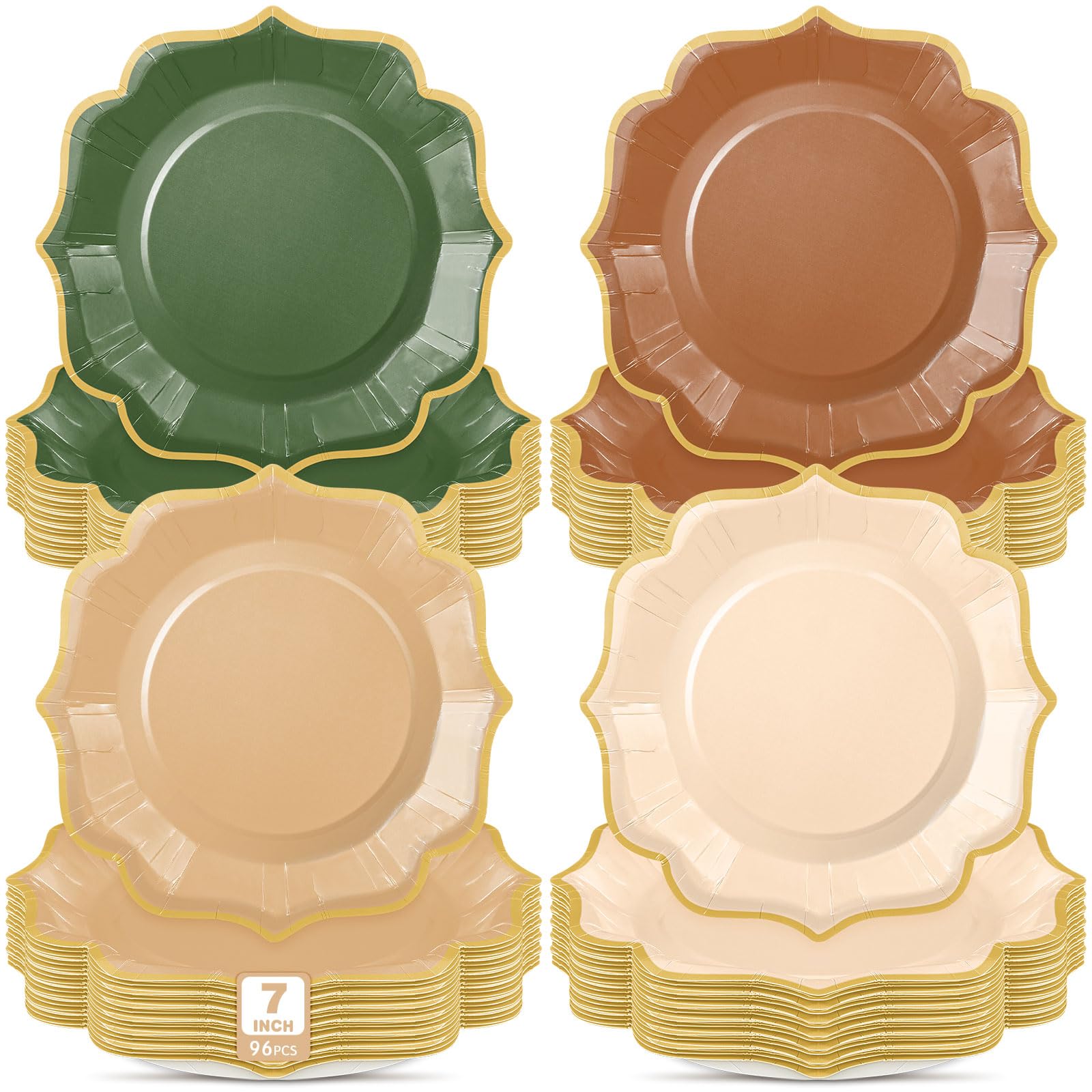 Photo 1 of Potchen 96 Pcs Sage Green Brown Dessert Plates 7 Inch Woodland Forest Scalloped Disposable Party Paper Plate for Summer Wedding Birthday Baby Shower Party Supplies, 4 Colors