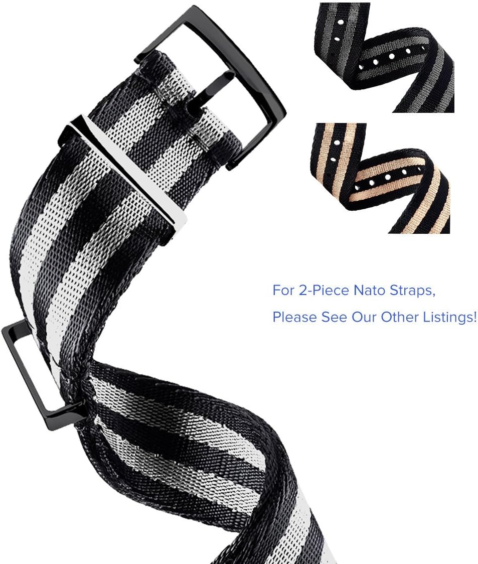 Truffol 20mm 1-Piece NATO Strap Nylon Watch Band with PVD Steel Metal Buckle Loop (Black & Silver)