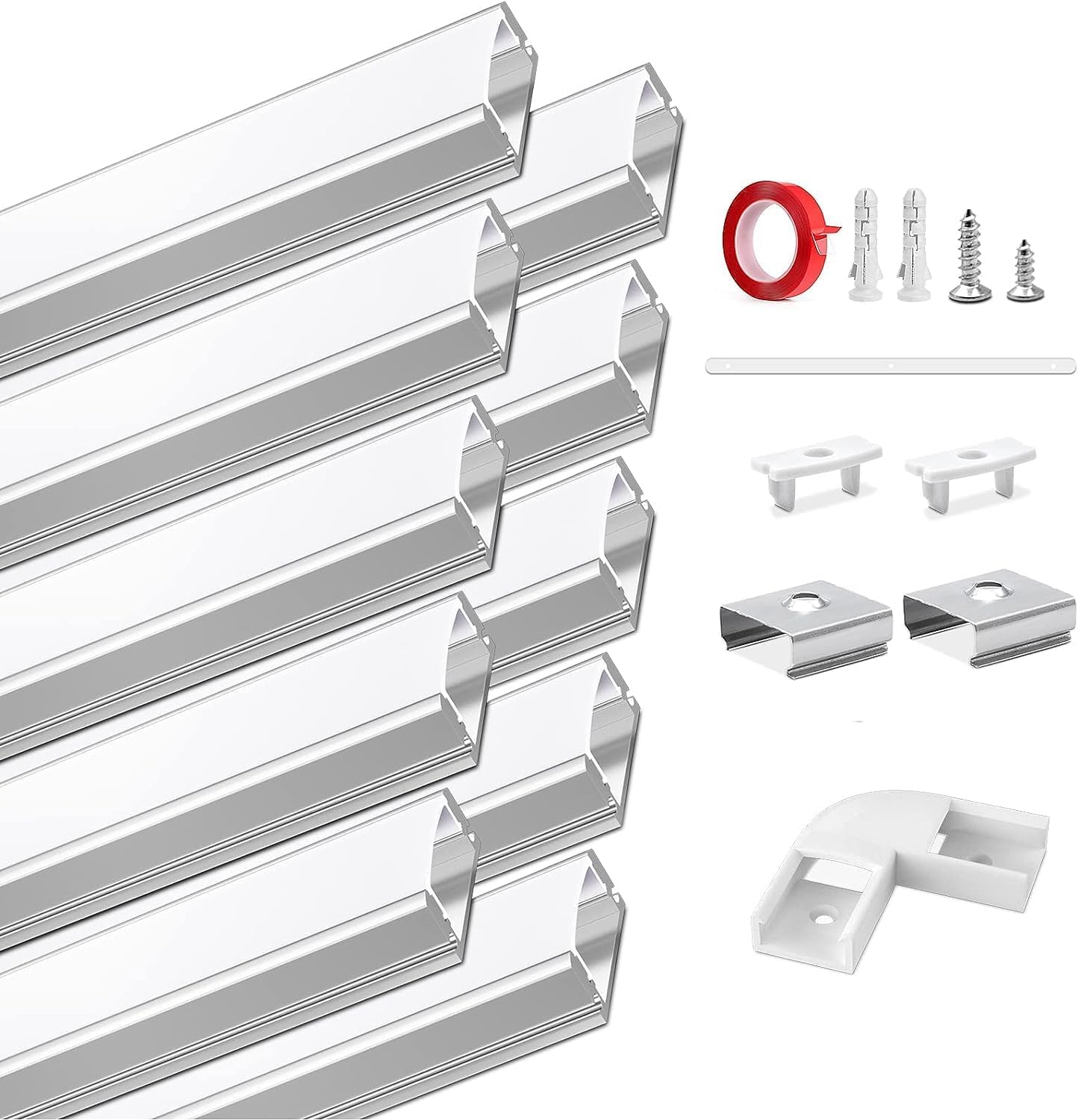 HOMMAND LED Channel, 10 Packs 1m/3.3ft U-Shape Aluminium Profile with Diffuser, Corner Connectors, End Caps, Mounting Clips, Adhesive, 10m LED Strip Channel
