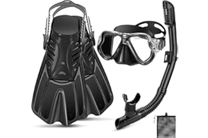 PIYAZI Snorkeling Gear for Adults, 4 in 1 Adult Snorkel Set with Panoramic View Snorkel Mask, Dry Top Snorkel, Adjustable Short Fins and Travel Bag, Snorkel Set with Fins for Snorkeling Diving