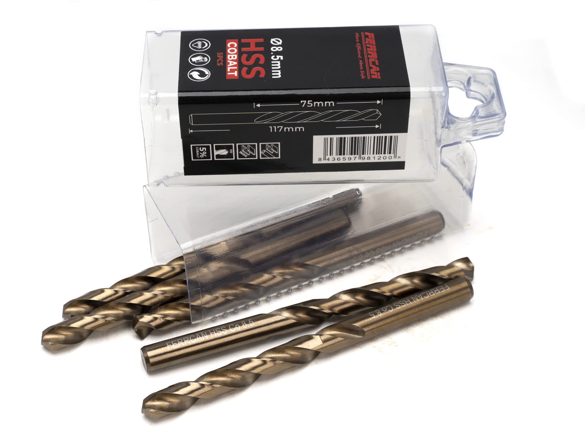 Ferrcan HSS Metal Drill Bits DIN338 M35 Cobalt 7-13mm (Pack of 5) (8.5mm)