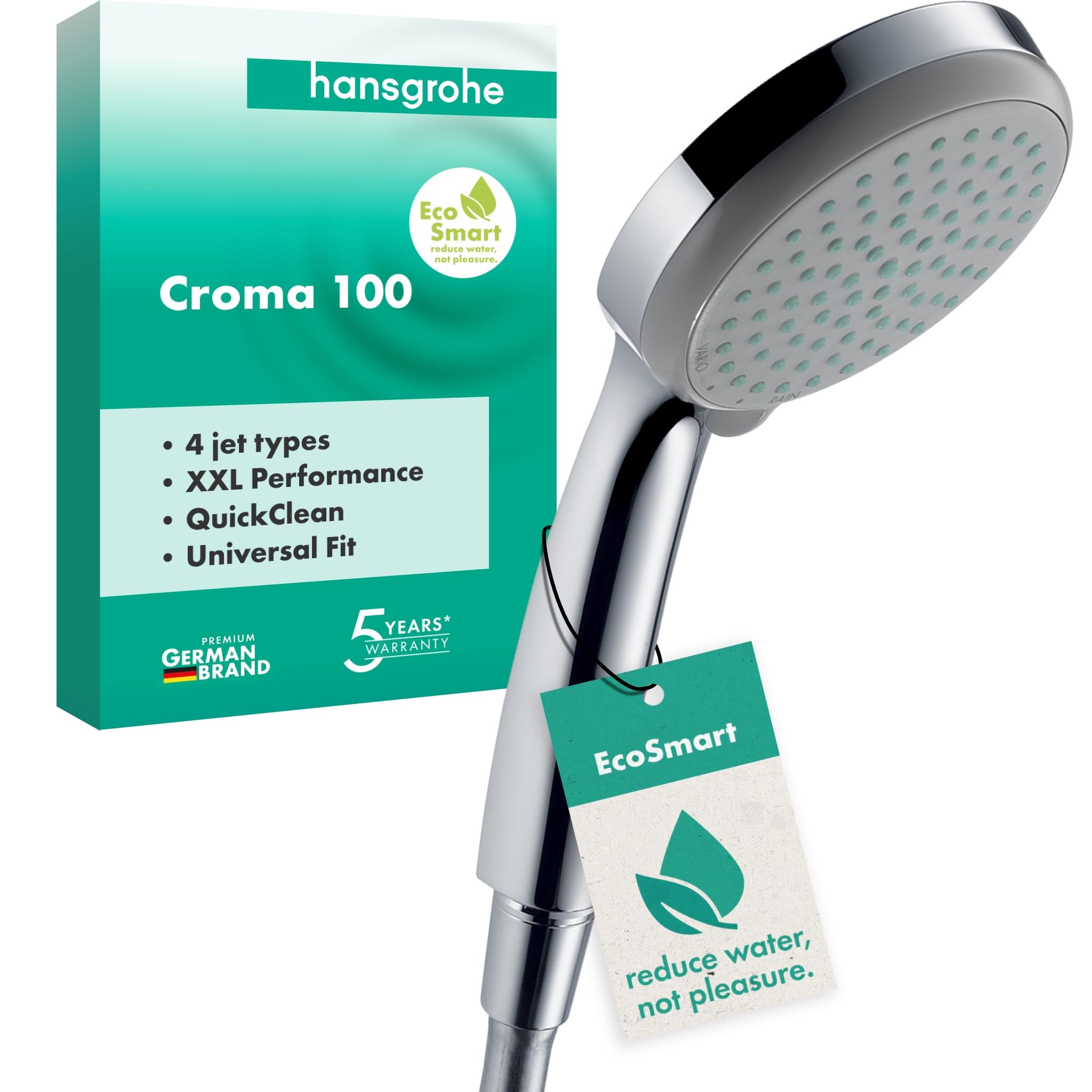 hansgrohe Croma 100 - water-saving shower head 9 l/min (EcoSmart), hand shower round (⌀ 100 mm) with 4 sprays, with anti-limescale function, chrome