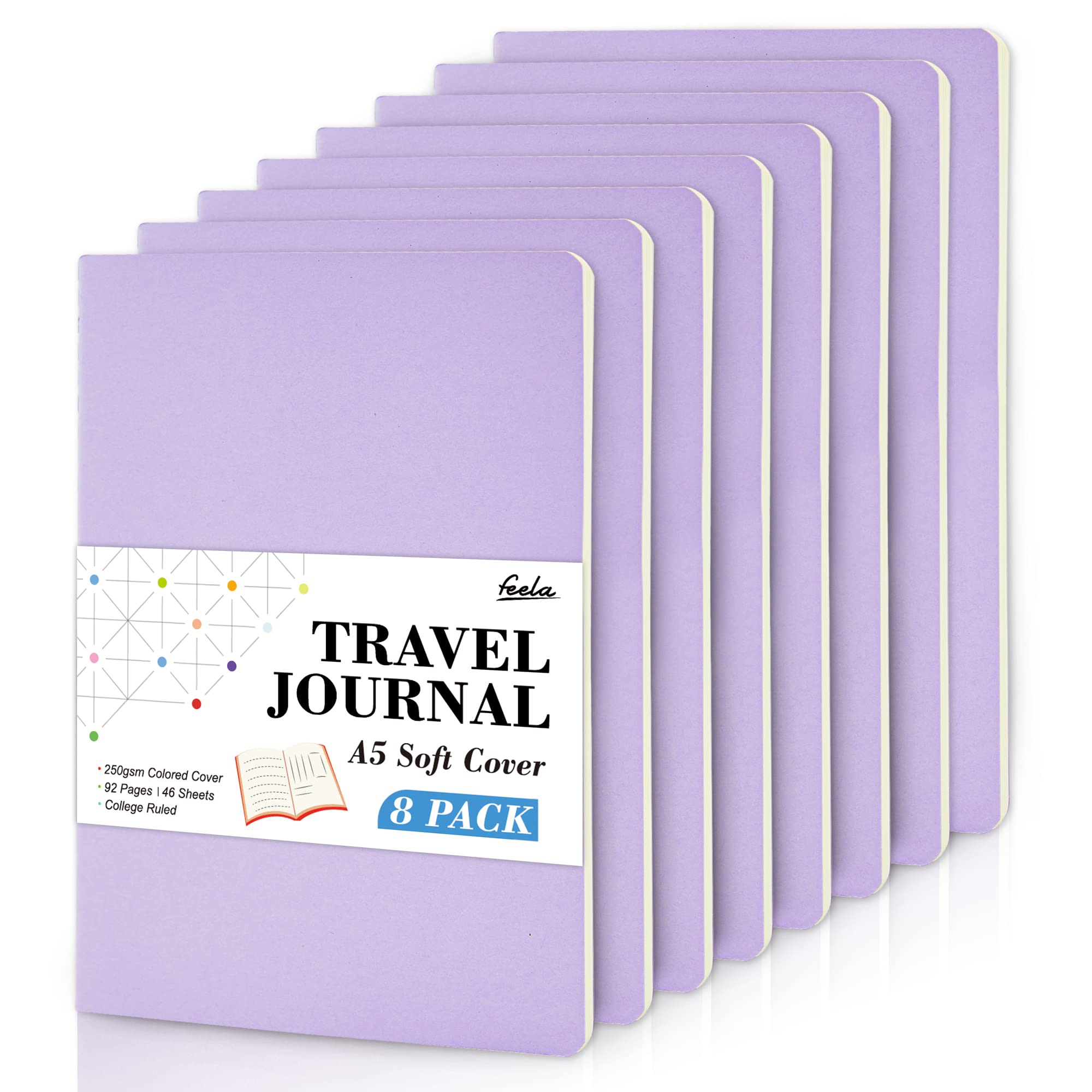 feela 8 Pack Soft Cover Notebooks A5 Lined Journal Notebooks College Ruled for Work, Lined Travel Journal for Women Men, Note Taking Notepad School Supplies Business Writing Note Books, Light Purple