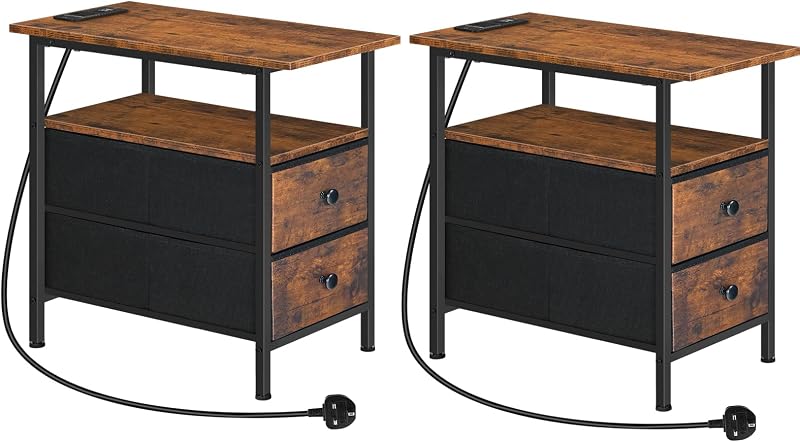 HOOBRO Narrow Bedside Table with Charging Station Set of 2 Rustic Brown Black