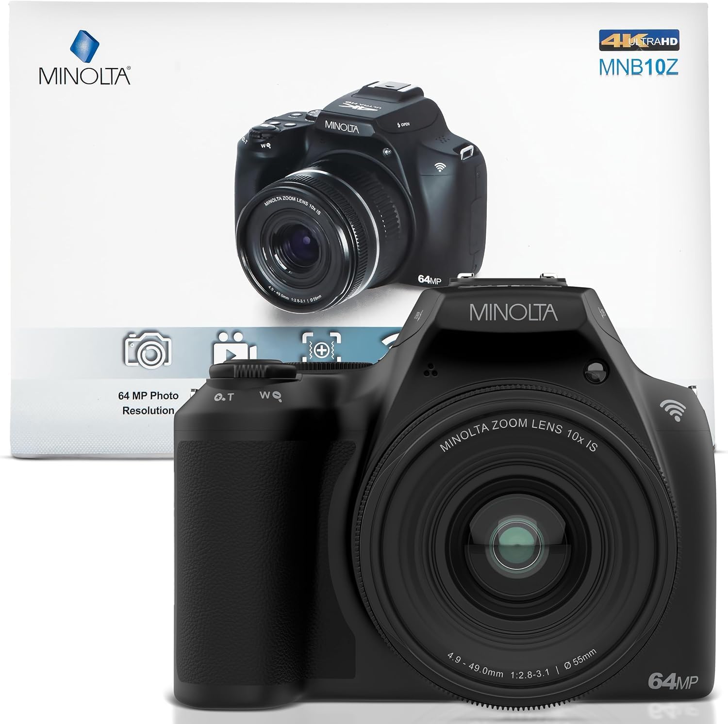 Minolta ProShot 64MP Digital Camera – 10x Optical Zoom, 4K Ultra HD Video, Macro Shooting, Anti-Shake, 3-inch LCD Screen, Face Detection – Includes 32GB SD Card, Battery & Case (Black)