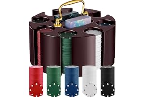 Wettarn Poker Chips Poker Set, 200 Count Rotating Chip Case Wood Carousel Case Holder with 200 Pcs Chips and 2 Decks of Playing Cards for Casino Party Supplies Family Game Accessory