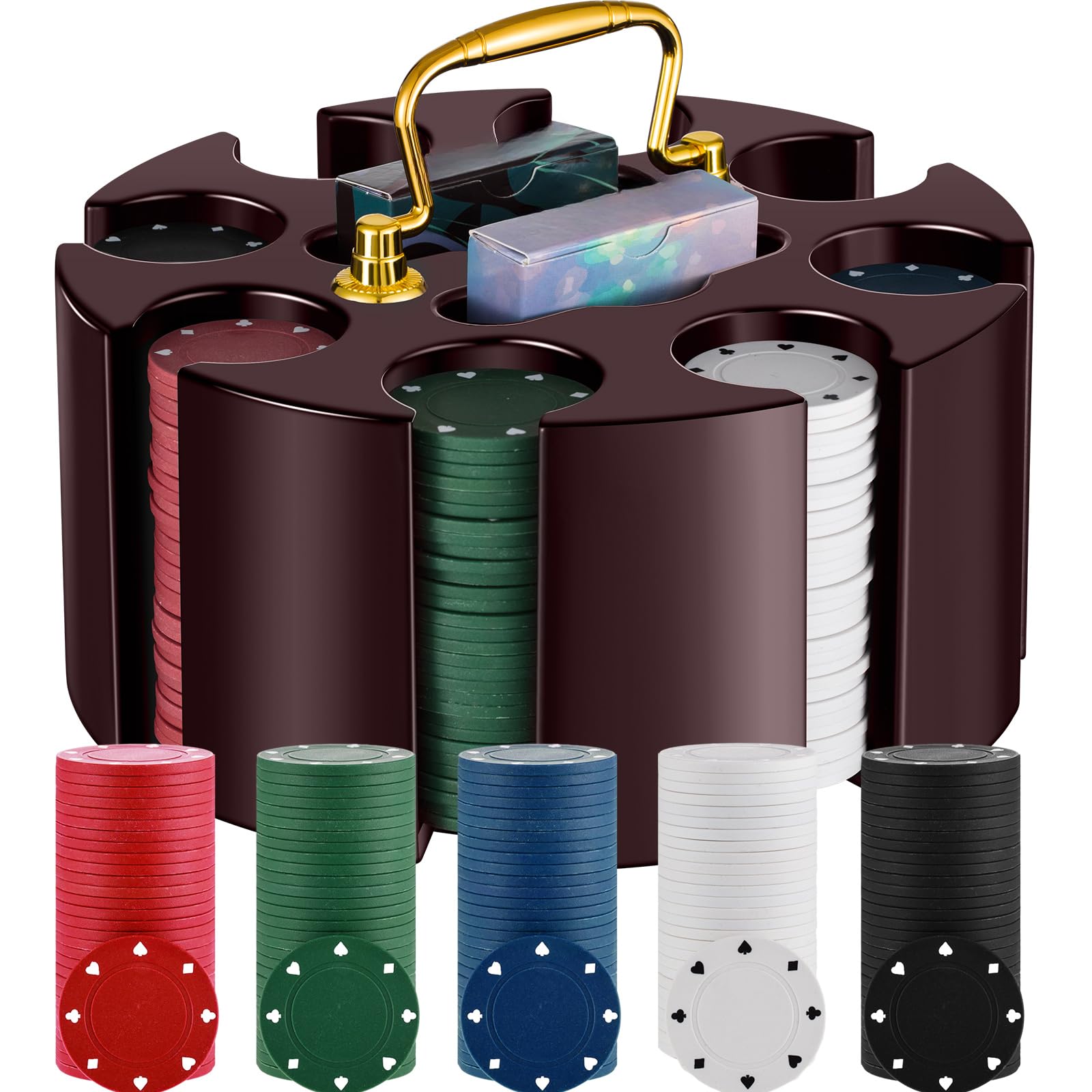 Photo 1 of Wettarn Poker Chips Poker Set, 200 Count Rotating Chip Case Wood Carousel Case Holder with 200 Pcs Chips and 2 Decks of Playing Cards for Casino Party Supplies Family Game Accessory