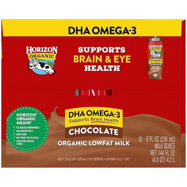 HORIZON ORGANIC SHELF STABLE 1% LOWFAT DHA OMEGA-3 CHOCOLATE MILK BOXES, 8 FL OZ, 18 COUNT – 8G PROTEIN PER SERVING, USDA ORGANIC UHT FROM PASTURE-RAISED COWS, READY TO DRINK FOR LUNCHBOX, TRAVEL, OR ON-THE-GO, NO REFRIGERATION NEEDED