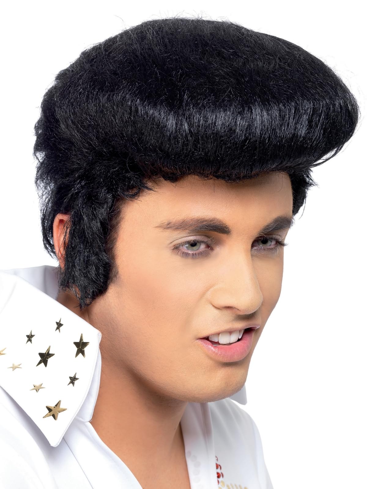 Smiffys Elvis Deluxe Wig for Adults, Black with High Quiff and Sideburns, Officially Licensed, Iconic Hairstyle, Ideal for Matching Costume and Fancy Dress for Music-Themed Parties