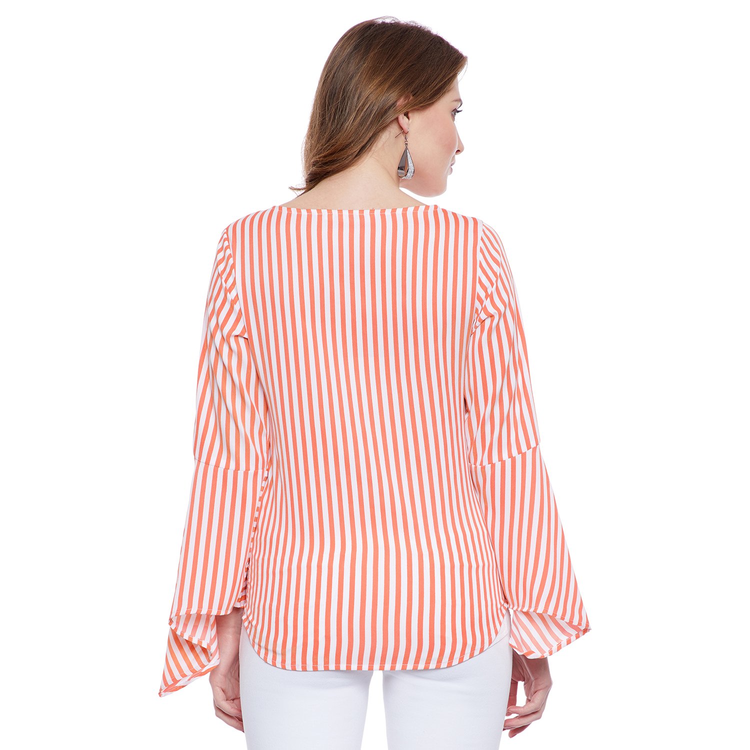 fabulous me women's striped bell sleeve top (white & orange)